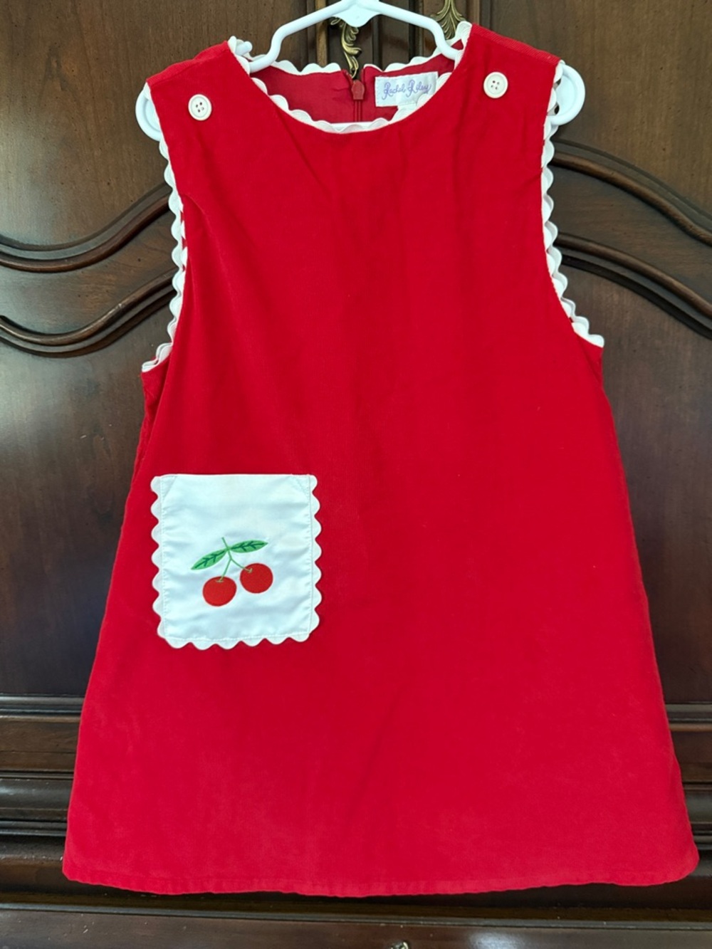 Rachel Riley Red Corduroy Cherry Pocket Jumper Dress Girls 7Y Holiday Valentine
